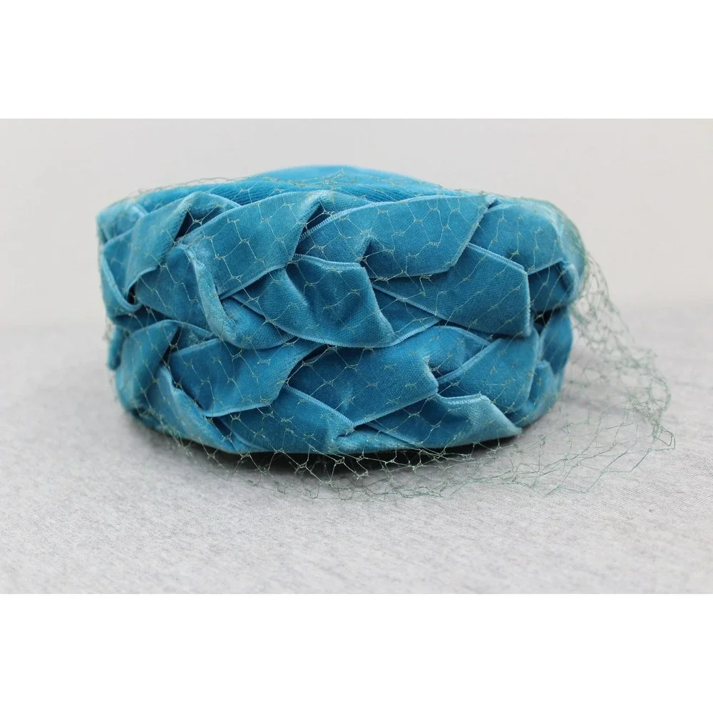 Vintage Hat Women OS Blue Pillbox Braided Velvet Veiled Mid Century Retro